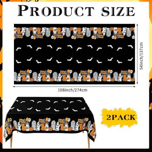 Halloween Tablecloth Set - 2 Disposable Black and Orange Plastic Table Covers with Spider Web Bat Ghost Design - 54x108 Inches, Indoor Outdoor Party Decor