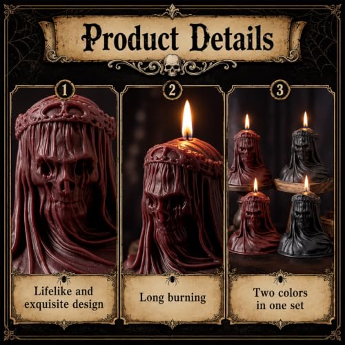 Halloween Skull Candles - Gothic Veiled Skeleton Decor, Red & Black Set