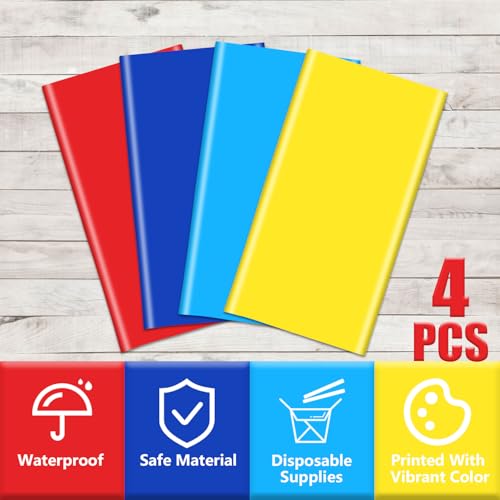 Carnival Party Tablecloths 4-Pack 51x87 Inch Plastic Disposable Rectangular Table Covers for Kids Birthday and Carnival Decorations