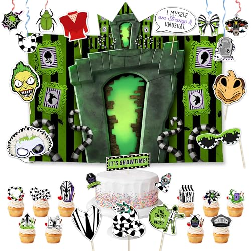 Halloween Horror Party Decorations Set with Backdrop, Masks, Headbands, Cupcake Toppers & Photo Booth Props