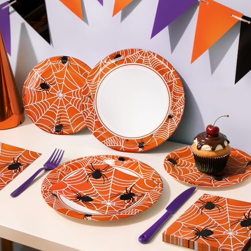Halloween Party Decor Paper Plates & Napkins Set - Orange Spider Web Design for 25 Guests