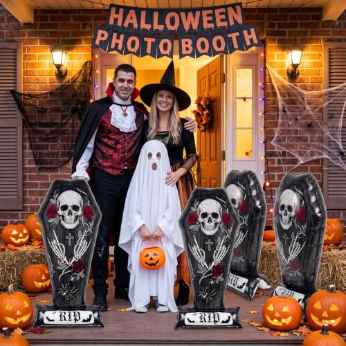 Halloween Coffin Balloons Set with RIP Base - Large Skeleton Foil Decor