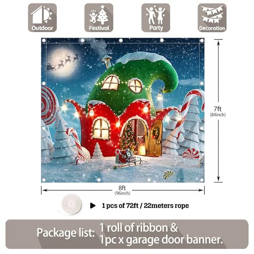 Christmas Village Garage Door Banner - 8x7ft Holiday Decoration with Rope - Snowflake & Santa Design
