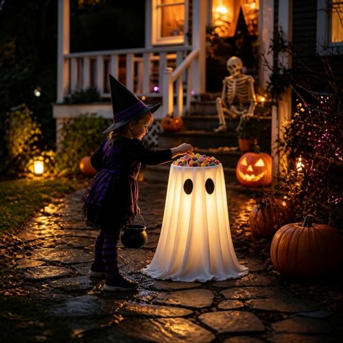 30-Inch Glowing Ghost Candy Bowl Stand Halloween Outdoor Decorations - LED Ghost with Remote