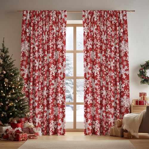 Christmas Sheer Curtains 2Pcs 52x63in Snow Red Foil Window Decor - Horaldaily