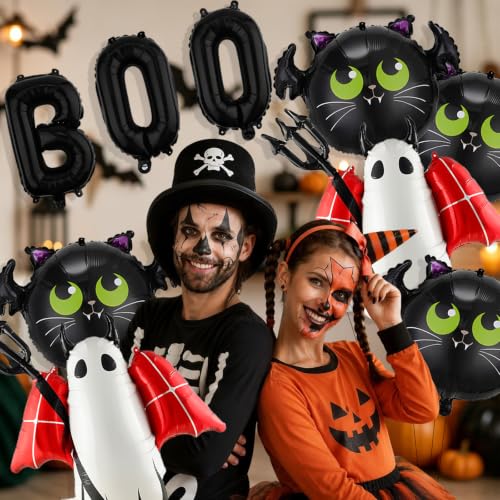 Halloween Balloons Set with Ghost Bat Boo Decorations, Reusable Foil Party Supplies