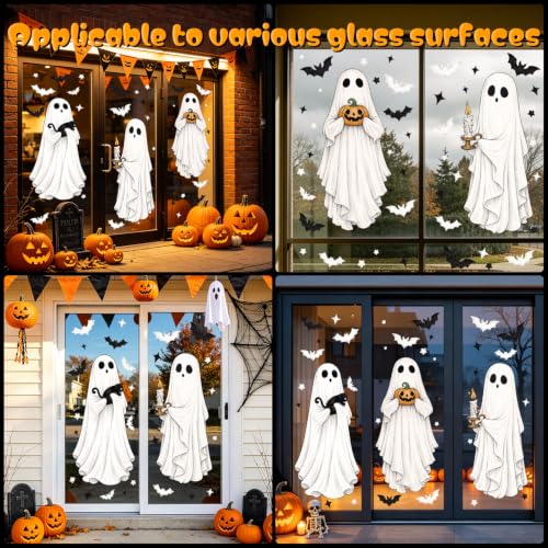 Halloween Ghost Window Clings - Extra Large Spooky Bats, Cats & Pumpkins, 3 Sheets, Indoor Outdoor Decorations - Variation: Ghost