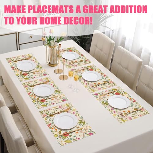 Vintage Floral Bird Placemat Set of 6 - Spring Summer Linen Table Mats, Washable & Stain-Resistant