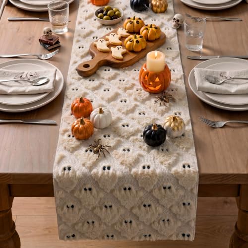 Halloween Ghost Table Runner Beige Plush 13x72 Inch Fall Decor - Variation of Ghost