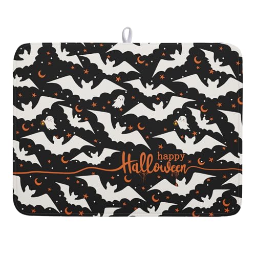 Halloween Drying Mat for Kitchen Counter 18x24 Inches Bat Design - Spooky Bat Dish Pad with Absorbent Microfiber