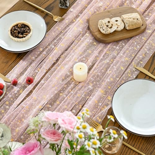 Pink Gold 60x84 Inch Rectangular Gauze Tablecloth - Durable Linen Home Decor