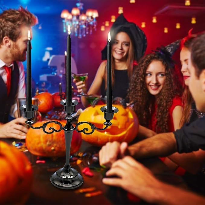 Black Glossy 3-Arm Halloween Candelabra Taper Candle Holder - Seasonal Decor
