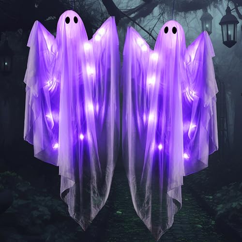 Purple 47-Inch Light-Up Hanging Ghost Decorations - Halloween Outdoor Yard Decor Set of 2