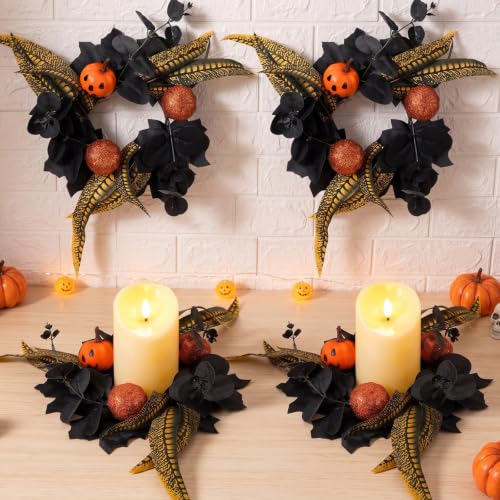 Halloween Candle Ring Set with Flameless Candles - Black Twig Bat Pumpkin Variation