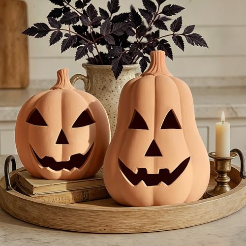 Set of 2 Handmade Terracotta Jack O'Lantern Halloween Decorations