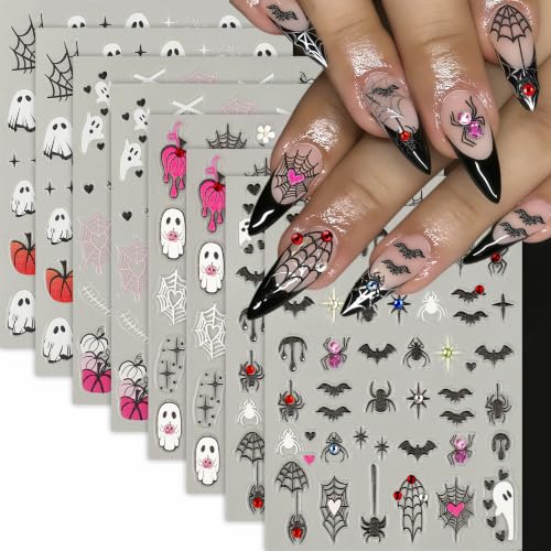 Halloween Nail Stickers Set - 8 Sheets Spooky Ghost Bat Pumpkin Web Rhinestones - Variation of THIS listing