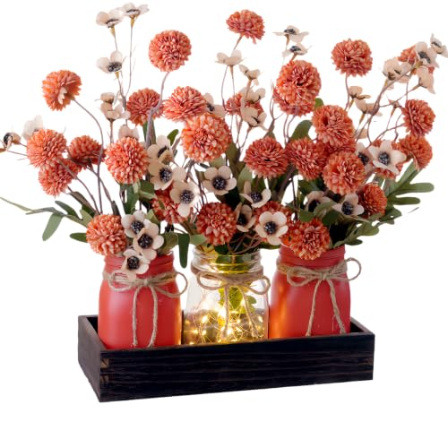 Mason Jar Lights Centerpiece with Wood Tray - Orange Red Floral Decor