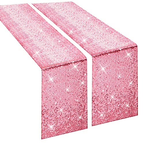 Pink Sequin Table Runner 2 Pack - Elegant Glitter Fabric for Weddings & Parties