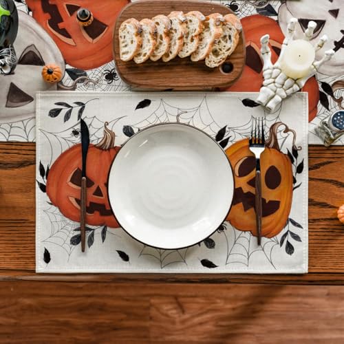 Halloween Pumpkin & Spider Web Placemats Set of 4 - 12x18 Inch Fall Table Decor - Beige