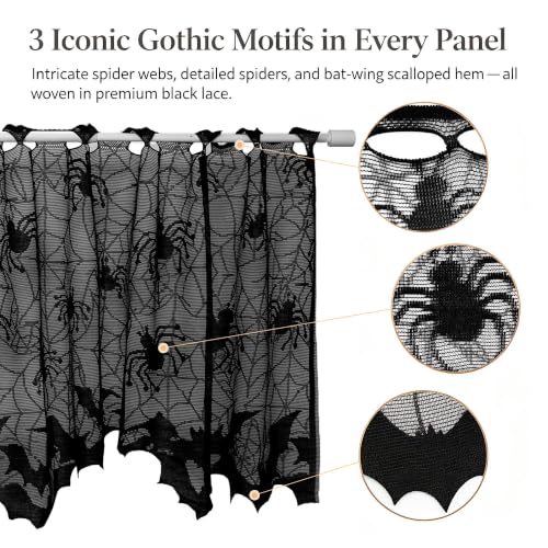 Black Lace Halloween Kitchen Curtains Set - Spider Web Bat Gothic Valances, 2-Pack, 60"W x 20"L Variation of 2