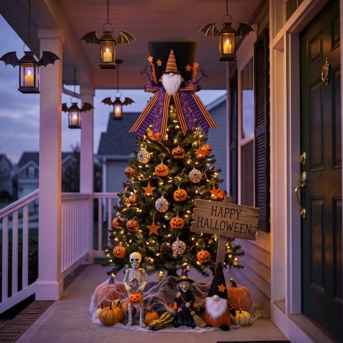 Halloween Tree Topper Hat - Gnome Pumpkin Ribbon Decoration, Foldable, 8.3x9 in