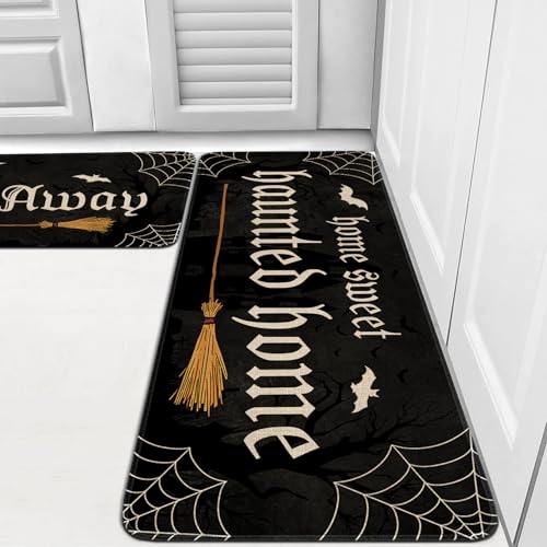 Halloween Haunted Kitchen Rugs Set of 2 - Black Non-Slip Washable Home Decor