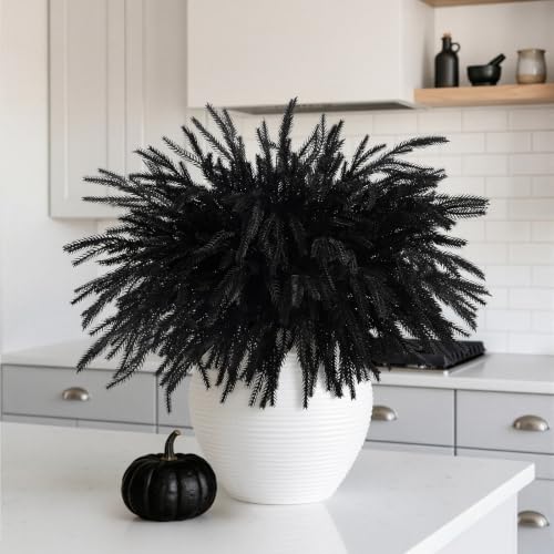 12Pcs Artificial Norfolk Pine Stems - Real Touch Halloween Christmas Decor - Black Variation