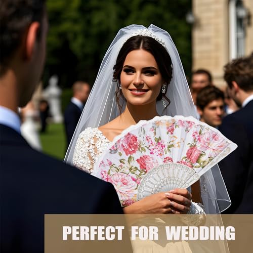 White Large Folding Silk Hand Fan - Elegant Chinese Rave Renaissance Fan for Festival & Dance - 20 Pack