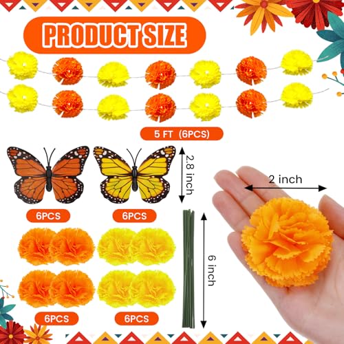 6 Pack Day of The Dead Marigold Garland with LED String Lights and Butterflies - Mexican Dia De Los Muertos Decor