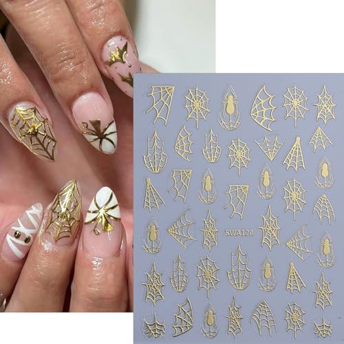 Halloween Nail Stickers 8 Sheets Spider Web Decals 3D Gothic Black Silver Gold Variation of M-Spider Web Stickers