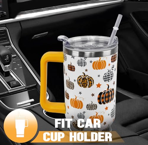 40 oz Pumpkin Travel Mug with Handle & Straw - Fall Thanksgiving Insulated Tumbler - Orange Pumpkin