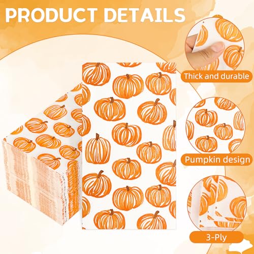 Pumpkin Autumn Fall Disposable Paper Napkins - 100 Pack, 3-Ply, Line-Art Design