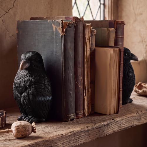 Gothic Crow Bookends Pair - Dark Raven Sculptures for Halloween Decor
