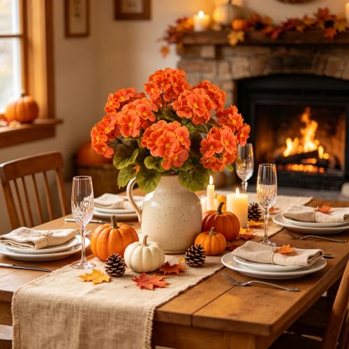 Artificial Fall Flowers for Outdoors, 6PCS Silk Orange Geraniums - Autumn Decor