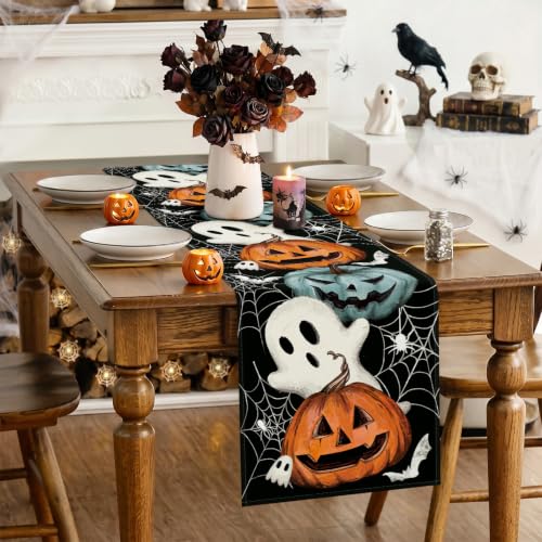 Ghost Halloween Table Runner 13x36 Inch - Spooky Pumpkin & Spider Web Design - Ghost Variation