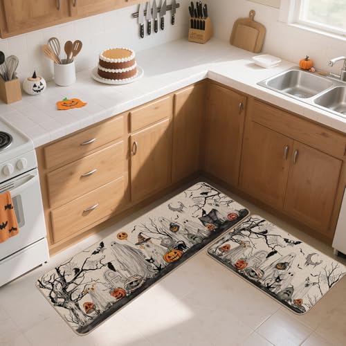 Halloween Boo Dog Ghost Decorative Kitchen Rugs Set of 2, 17x29 & 17x47 Inch - Multi-Color