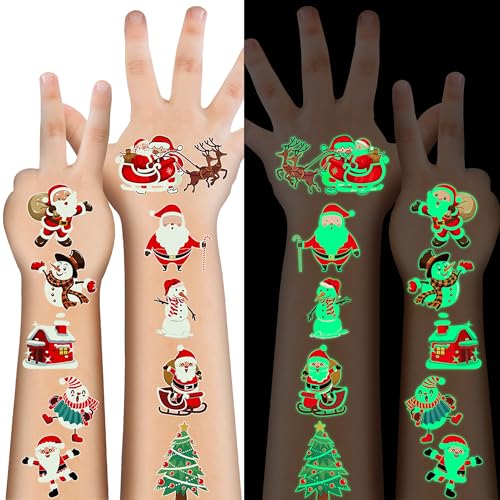 Christmas Luminous Temporary Tattoos 10 Sheets - Holiday Party Favors & Stocking Stuffers