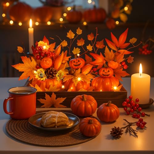 Pumpkin Thanksgiving Centerpiece with Wooden Tray & LED Light - Orange Fall Decor