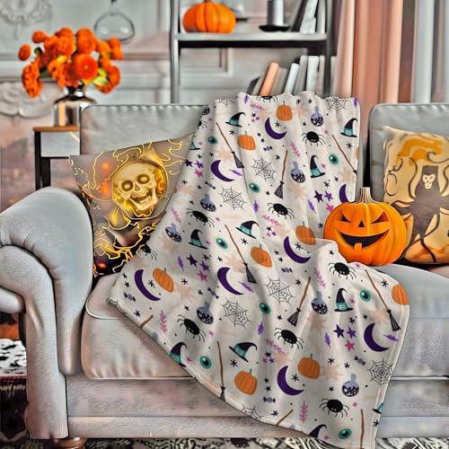 Halloween Fuzzy Fleece Throw Blanket with Spooky Pumpkin Bat Ghost Black Cat Print - White Spider Web, 50x60 Inches