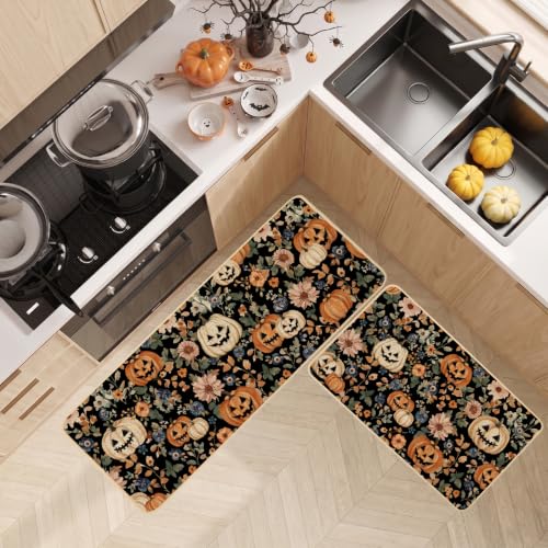 Halloween Kitchen Rugs Set of 2 - Spooky Burlap Mats for Fall Decor