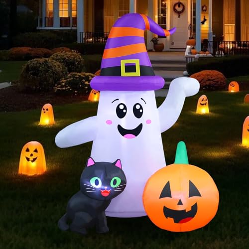 5FT Halloween Inflatable Ghost with Pumpkin and Black Cat - Outdoor Lawn Decor