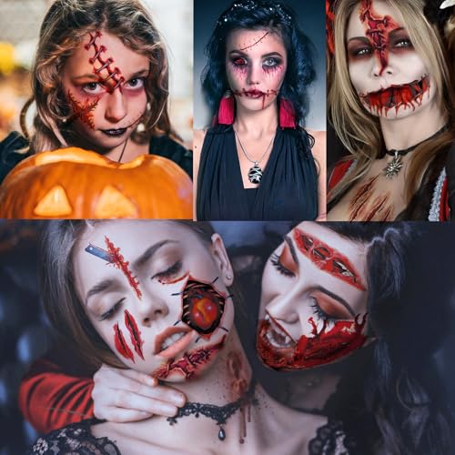 Zeecdatoo Red Halloween Fake Scar Wound Tattoos Kit - 30 Sheets, 220+ Temporary Face Tattoos for Zombie, Chucky Costume