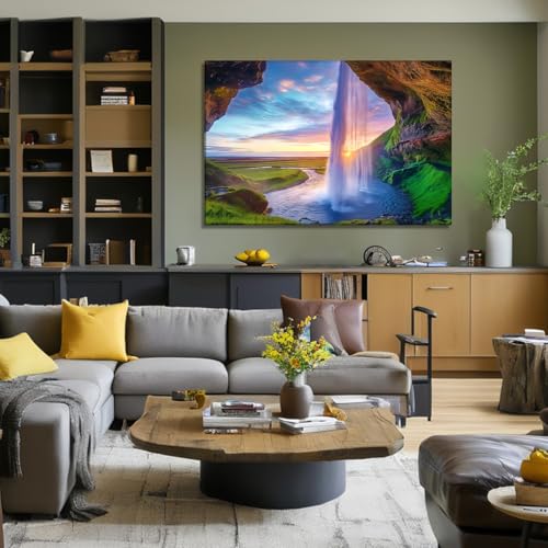 Landscape Canvas Wall Art Waterfall at Sunset - Nature-7 18x12 Inch