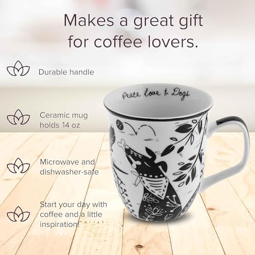 14 oz Black and White Boho Mug Raven - Unique Ceramic Coffee & Tea Cup - Gift for Women & Men