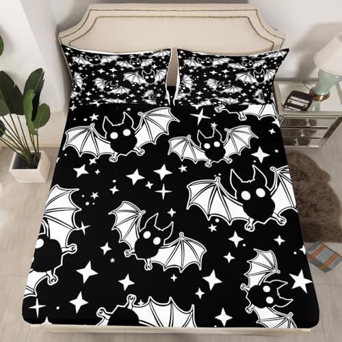 Halloween Bats Queen Size Glitter Starry Sky Bedding Set with Fitted Sheet - Kids Bedroom Decor - Multi 44