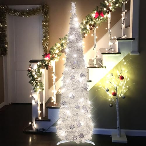 5FT Silver White Pop Up Christmas Tree with Snowflake & 60 Lights - Space Saving Holiday Decor