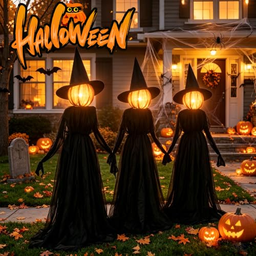 5 Ft Halloween Witch Decorations Set of 3 Light Up Holding Hands Outdoor Yard Garden Haunted House