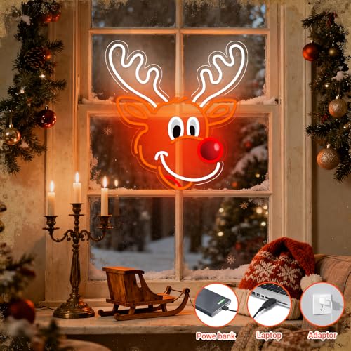 Christmas Elk Neon Window Lights - Indoor Holiday Deer Decor, USB Powered with Accessories