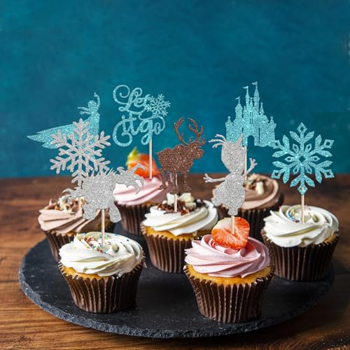 Snowflake Cupcake Toppers Set - Design 13 Winter Frozen Party Decorations (24 Pack)