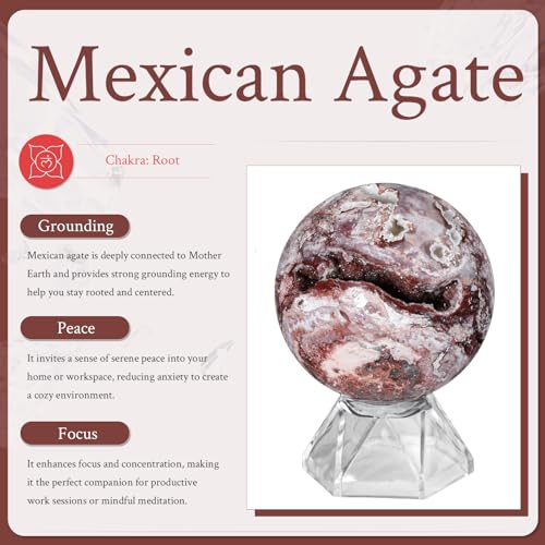 Mexican Agate Stone Sphere with Stand - 2 to 2.36 Inches Crystals for Meditation & Decor